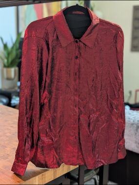 Red Shimmery Button-Up Blouse